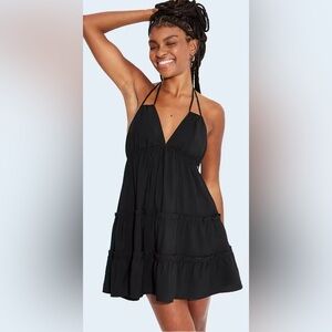 Women's Black Triangle Cup Mini V Neck Babydoll Backless Dress
